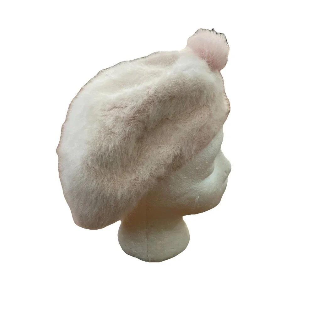 Sierra Accessories Pale Pink Beret Hat 80% Angora Blend Fuzzy Pom Pom Soft